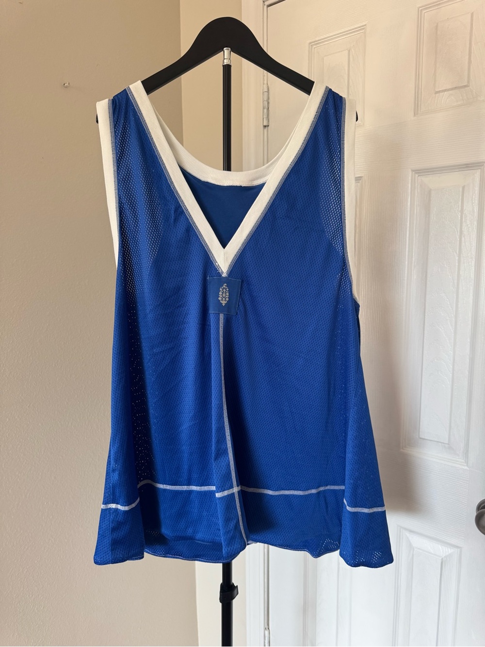 FP Movement by Free People Royal Blue Mesh V-Neck Tank with White Trim
